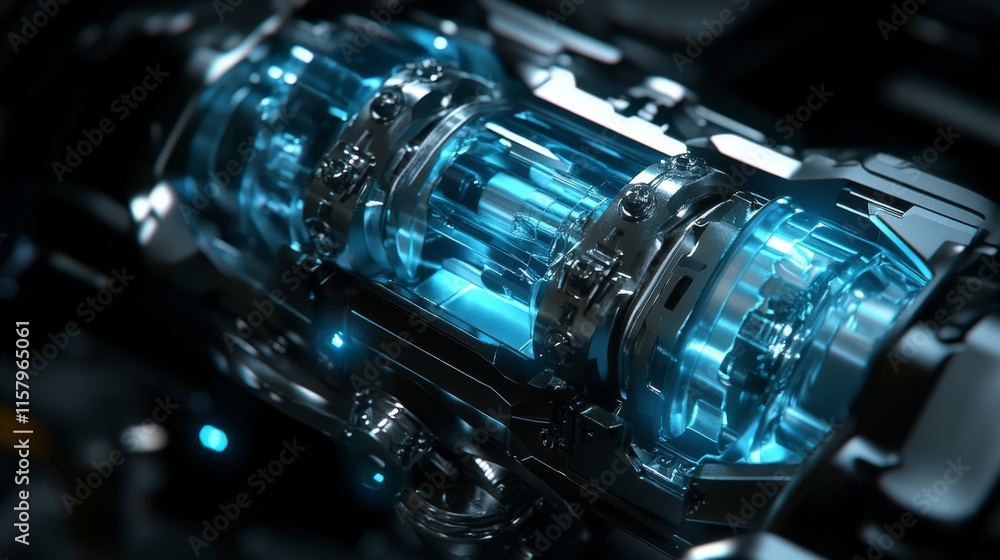 Poster detailed close-up of a futuristic mechanical component with glowing elements representing advanced t