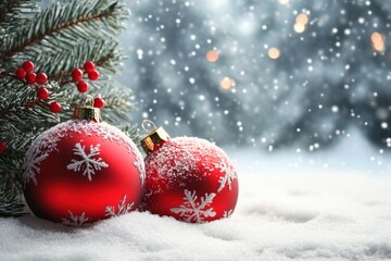 Festive christmas eve celebration with ornaments and snow winter wonderland high-fidelity background concept
