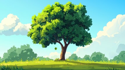 Obraz premium A Single Tree Standing Tall in a Meadow with a Blue Sky and White Clouds