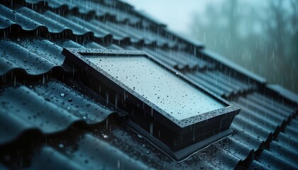 Attic skylight window receives heavy rain. Dark moody lighting highlights rain droplets. Wet wooden roof tiles. Dramatic skylight details. Quiet, peaceful indoor scene. Home comfort, protection from