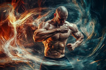 An intense image capturing a muscular athlete surrounded by swirling energy, symbolizing strength.