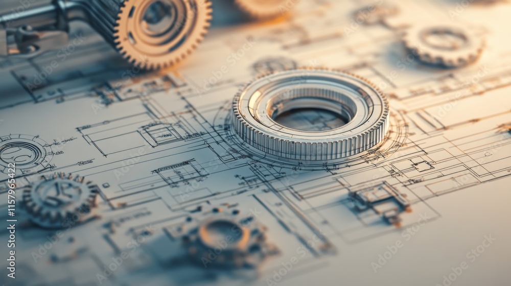 Poster detailed close-up of mechanical gears and engineering blueprints showcasing intricate designs in a p