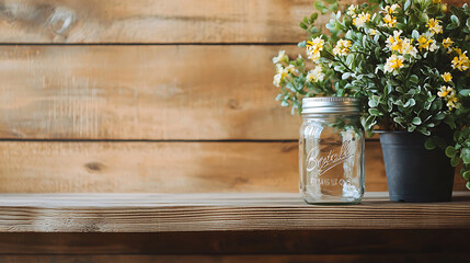 clear glass jar sits on wooden shelf beside potted plant with yellow flowers, creating cozy atmosphere