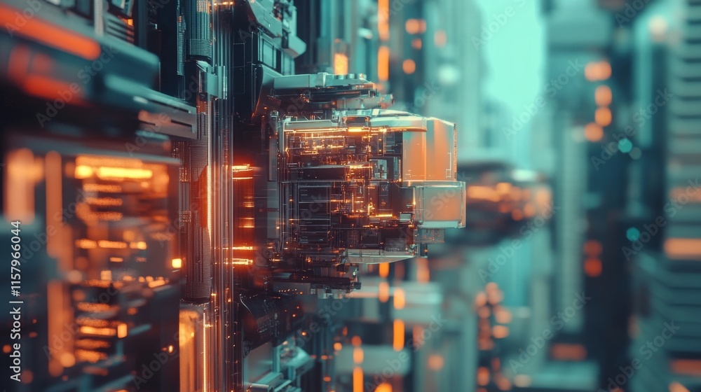 Poster futuristic abstract cityscape with neon lights and geometric structures creating a technological atm