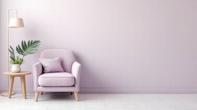 An airy living space featuring a pastel lavender armchair, a small side table with a plant, and a floor lamp on a solid light background