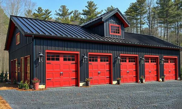 Black barn with red doors and metal roof.