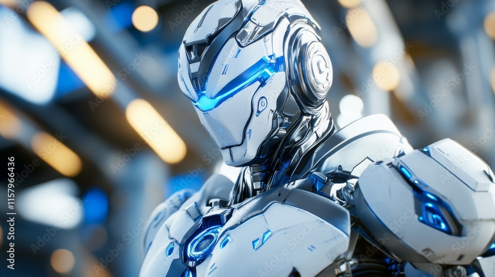 Poster futuristic cyborg robot with sleek design and blue illuminated features in a high-tech environment f