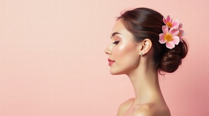 Naklejka premium A woman's profile with flowers in her hair, set against a solid pastel background. Banner for International Women's Day March 8