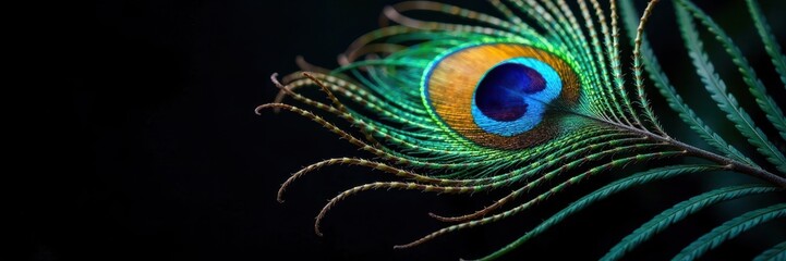 Obraz premium Single peacock feather, striking colors, rich detail against black, detail, design