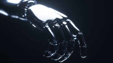 Futuristic Glowing Robotic Hand Reaching Forward with Shiny Surface Reflecting Light, Symbolizing Technology and Innovation in Modern Design