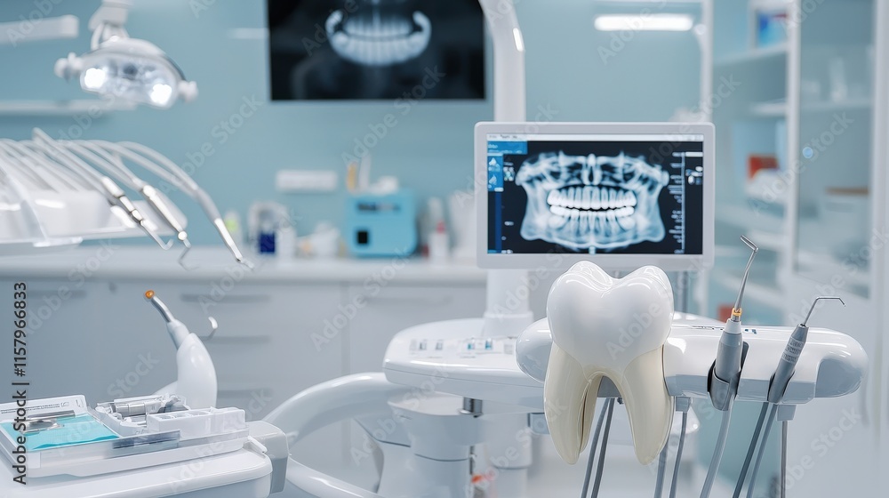 Poster step-by-step infographic of a root canal procedure on a tooth model