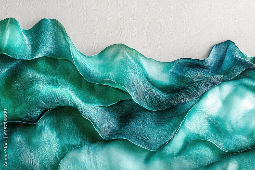 Poster abstract art depicting teal fabric flowing like waves, creating a serene and textured visual.