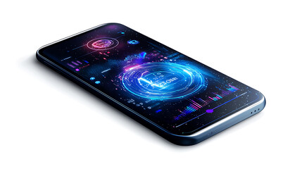 Futuristic financial app displayed on smartphone with vibrant graphics and data visualization