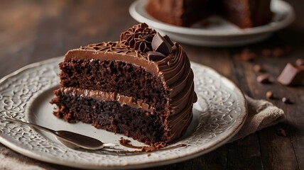 Plate with slice of tasty homemade chocolate cake on table