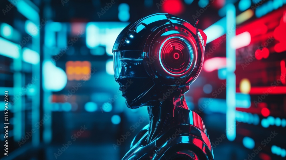 Aufkleber futuristic profile of a sleek robot with led enhancements surrounded by neon lights in a high-tech e