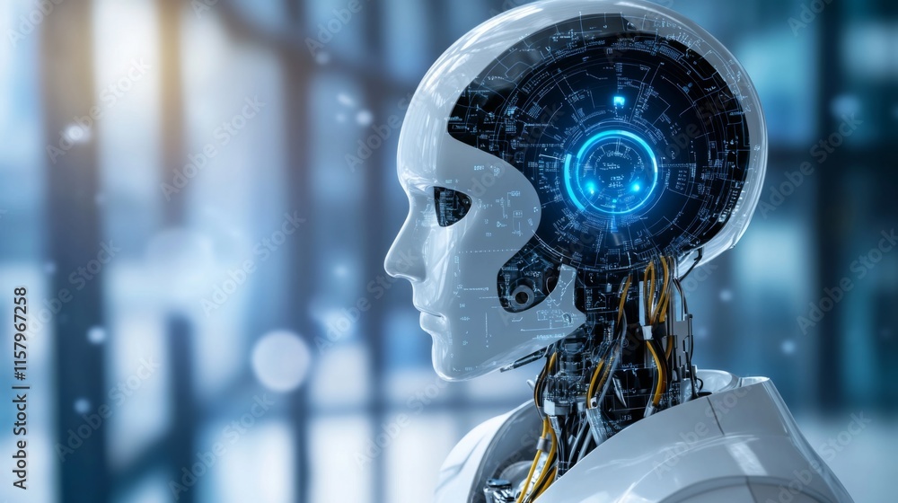 Poster futuristic robot head with advanced ai technology displaying circuitry and high-tech interfaces in a