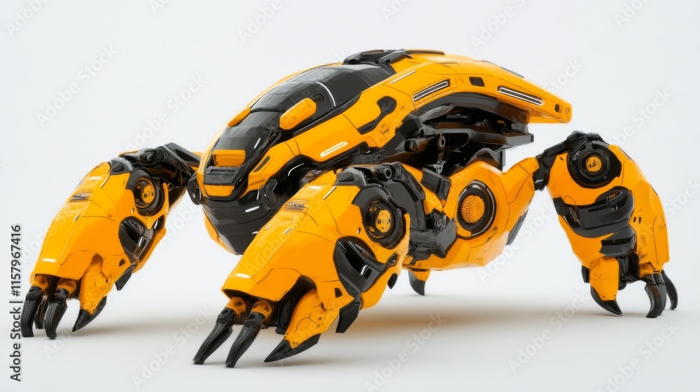 Poster futuristic robotic creature with angular design and striking yellow color, standing on a white backg