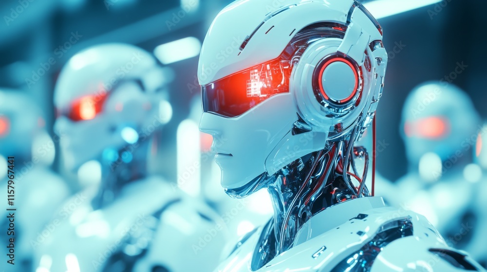 Poster futuristic robotic figures with advanced technology features and bright red accents in a modern sci-