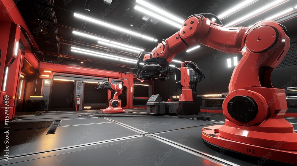 Poster futuristic robotics lab with red industrial robots performing automated tasks in high-tech environme