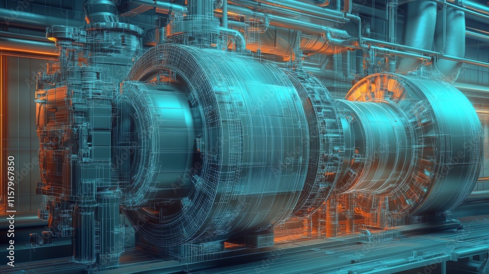 Poster futuristic wireframe engineering design of a turbo machinery component with neon glow in an industri