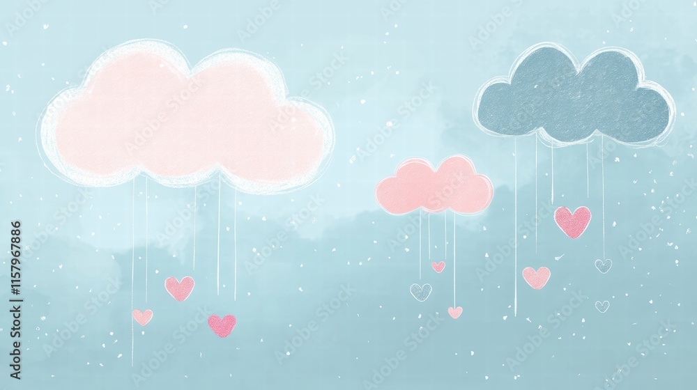 Poster whimsical valentines day design featuring hand drawn clouds and playful hearts for creative projects