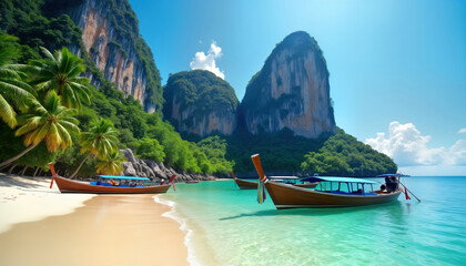 Obraz premium Tropical beach with calm turquoise water lagoon. Palm trees, rocks surround shore. Traditional longtail boats docked on sand. People relaxing on beach, enjoying scenery. Beautiful landscape of