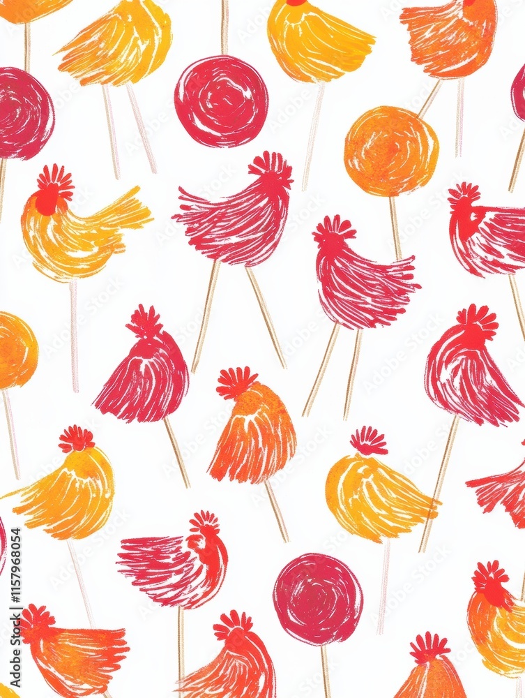 Poster Vibrant doodle of rooster shaped lollipops in colorful patterns with space for custom text and design elements. Generative AI