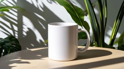 A white ceramic mug with no design placed on a table with soft shadows
