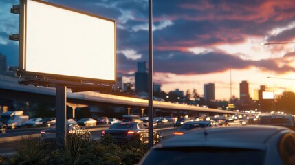 Obraz premium A vibrant outdoor setting with a blank billboard placed beside a busy highway