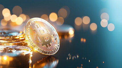 Shiny cryptocurrency coins with Bitcoin symbol, reflecting light and creating vibrant atmosphere