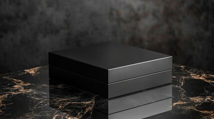 Fototapeta premium A sleek black box with a matte finish displayed on a reflective glass surface
