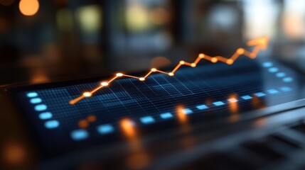 Glowing upward trend graph on digital screen.