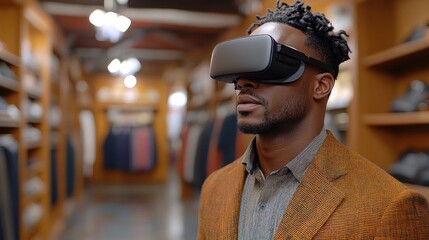 A man wearing virtual reality goggles in a stylish clothing store.
