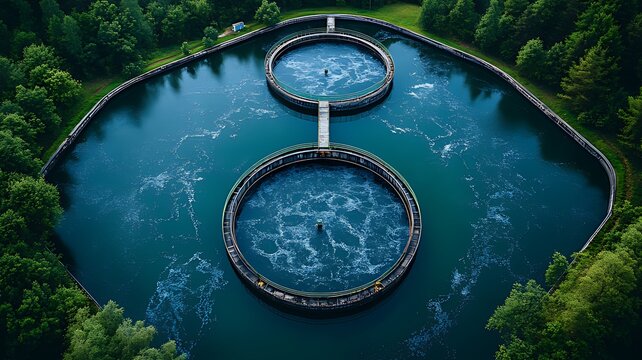 Aerial view of circular wastewater treatment plant lagoons.