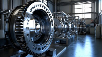 Fototapeta premium Industrial machinery showcasing intricate turbine designs in a modern manufacturing facility with natural light streaming through large windows.