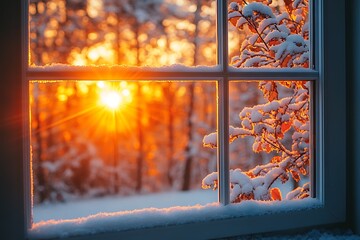 Winter Sunset Seen Through Snowy Windowpane