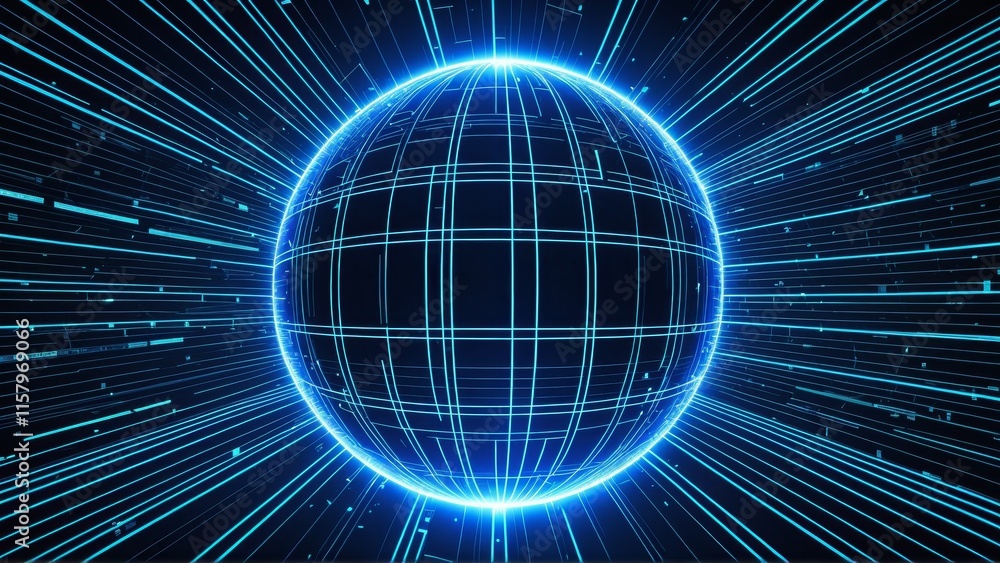 Poster futuristic digital glowing sphere with network grid and neon lines