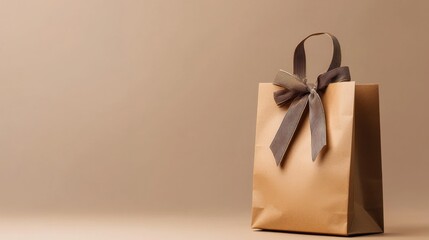 A kraft paper gift bag with a ribbon handle, placed against a neutral backdrop