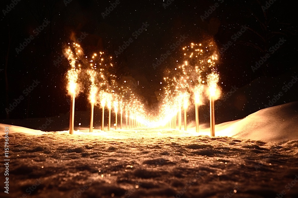 Poster firework display illuminating snowy path at night