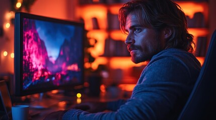 Fototapeta premium A man working at a computer in a dimly lit room with colorful lighting.
