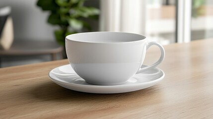 A clean white cup and saucer on a wooden tabletop with a soft bokeh background