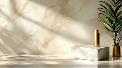 A clean product display podium made of marble, set against a soft beige background