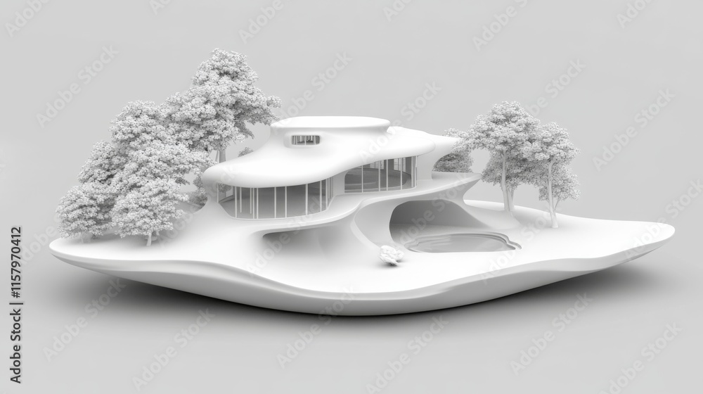Poster modern architectural design featuring futuristic curved structure with sculpted landscape elements a