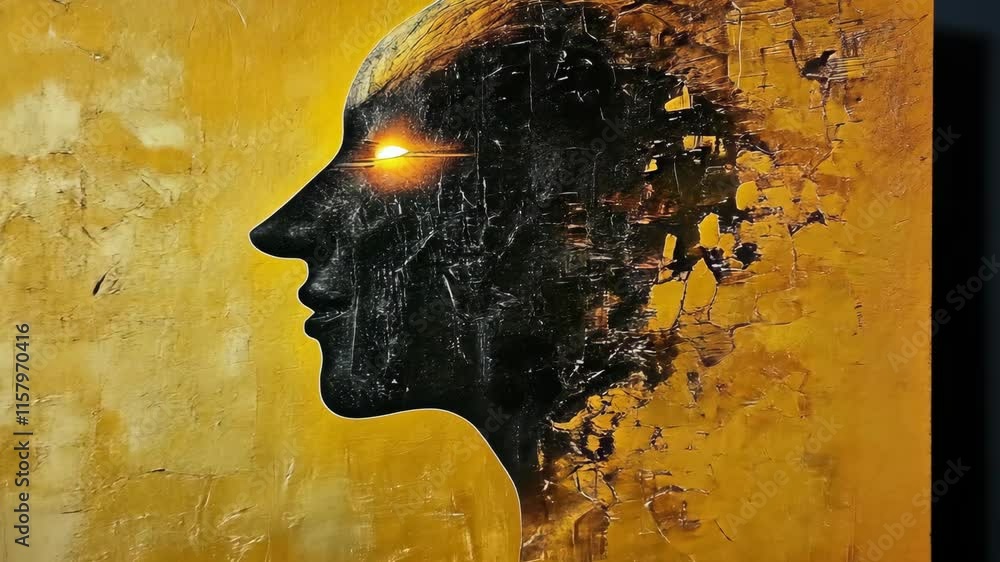 Poster artistic silhouette on a vibrant yellow background displaying transformation and identity in a conte