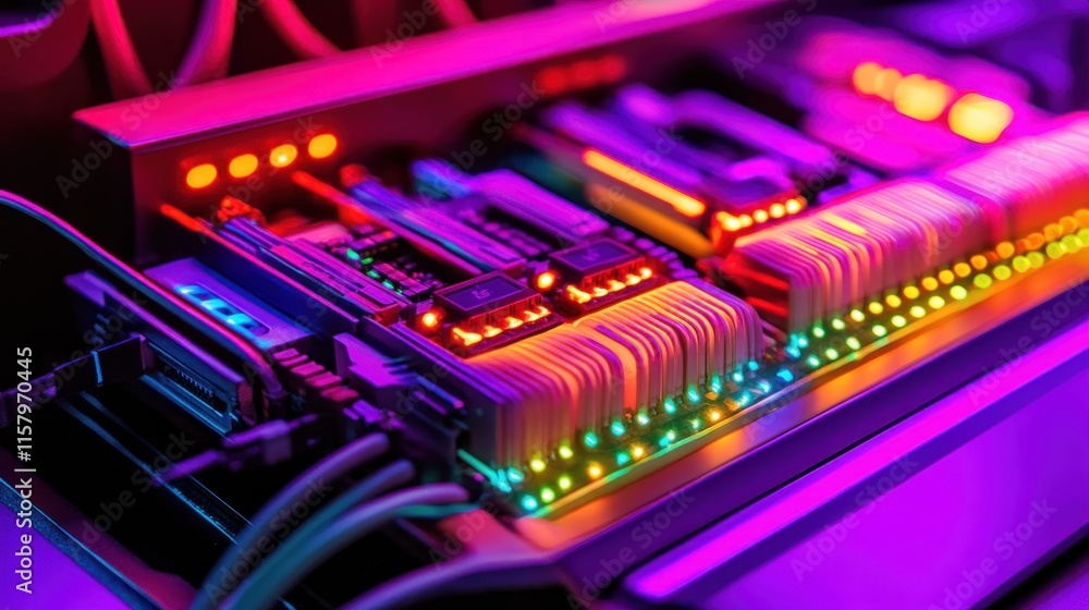 Poster vibrant circuitry: a close-up of colorful computer hardware