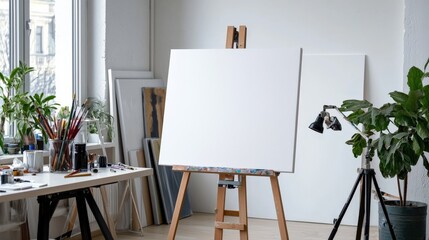A blank white canvas displayed on an easel in a bright art studio