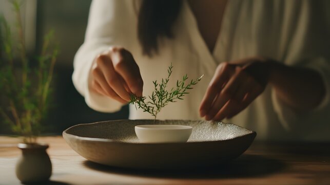 Person setting a calm tone for their meal with slow intentional movements and a serene smile