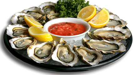 Fresh oysters on ice served with lemon and cocktail sauce, perfect for seafood lovers