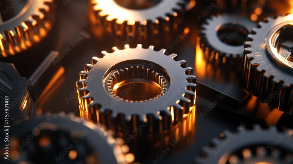 Poster stack of metallic gears with glowing edges in close-up, showcasing industrial design elements and pr