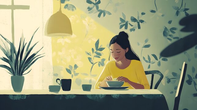 Person setting a calm tone for their meal with slow intentional movements and a serene smile